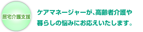 居宅介護支援：ケアマネージャーが、高齢者介護や暮らしの悩みにお応えいたします。