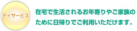 デイサービス：在宅で生活されるお年寄りやご家族のために日帰りでご利用いただけます。